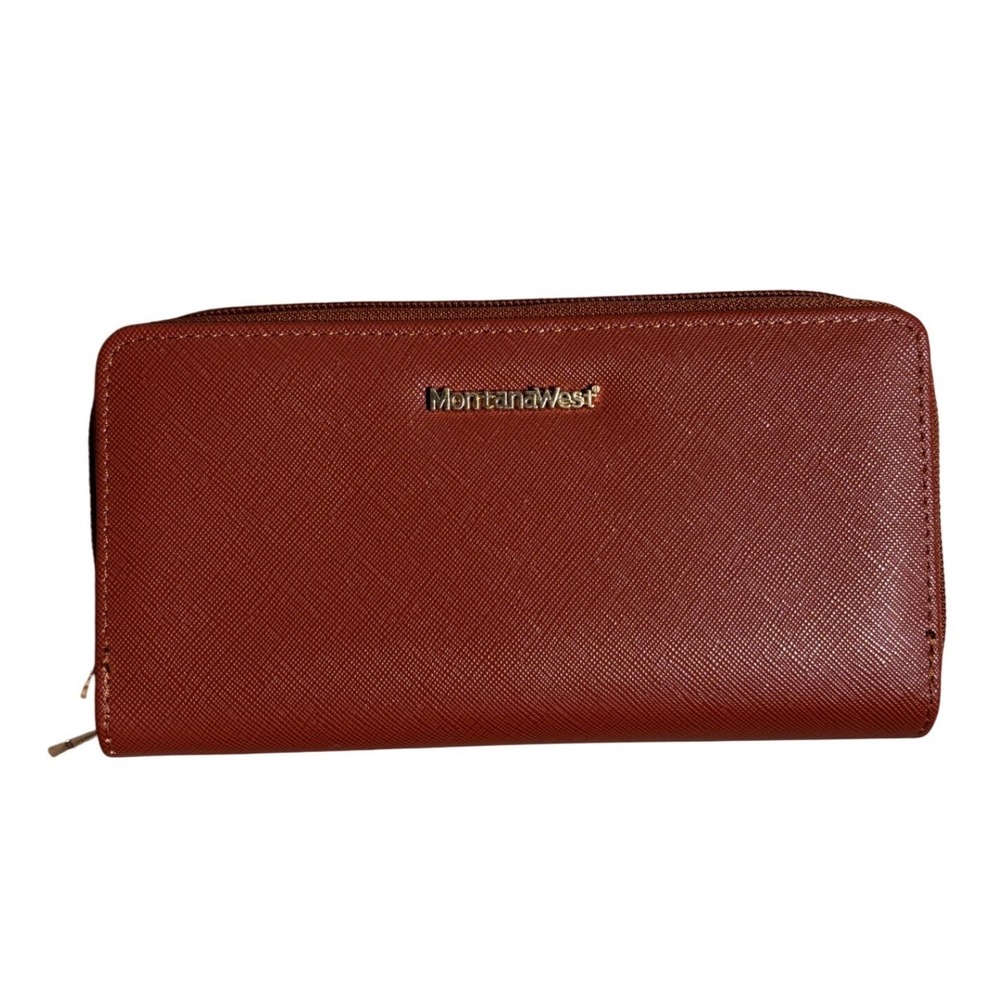 Montana West Zip Around Wallet Rust Brown Saffiano Vegan Leather Clutch Western